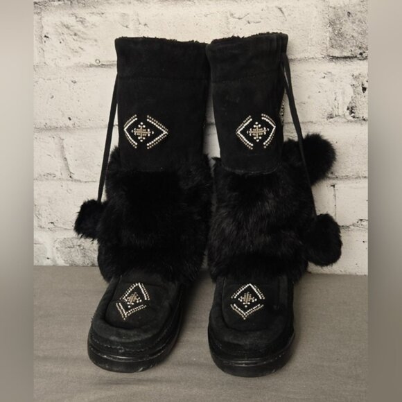 Manitobah Mukluks Black Suede Fur Beaded Tall Boots Women’s 8 Vibram Sole Canada - Picture 2 of 11
